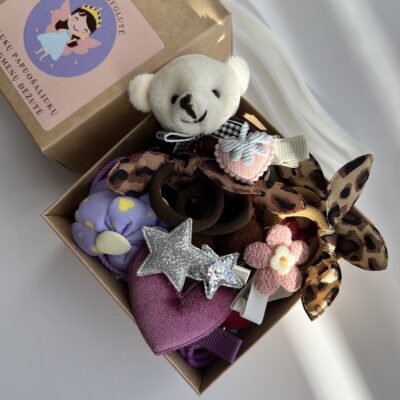 Plaukų aksesuarų dovanų rinkinys mergaitėms. Daug spalvingų plaukų segtukų ir gumyčių rudoje dėžutėje