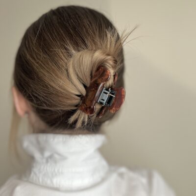 Susegti visi plaukai su rudos spalvos plaukų segtuku žnyplėmis