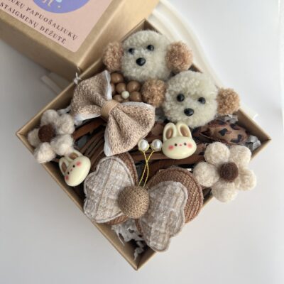 Rusvų spalvų plaukų segtukai ir gumytės mergaitėms rudoje dėžutėje. plaukų aksesuarų dovanų rinkinys mergaitėms.