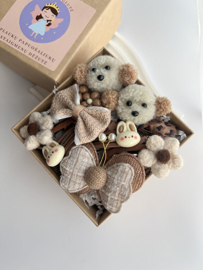 Rusvų spalvų plaukų segtukai ir gumytės mergaitėms rudoje dėžutėje. plaukų aksesuarų dovanų rinkinys mergaitėms.