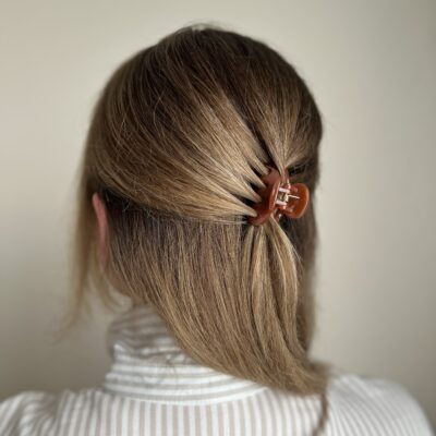 Susegta dalis plaukų su nedideliu kavos spalvos plaukų segtuku