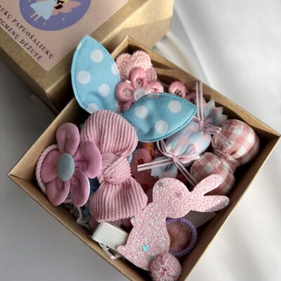 Plaukų aksesuarų rinkinys mergaitėms. Aksesuari supakuoti rudoje dėžutėje