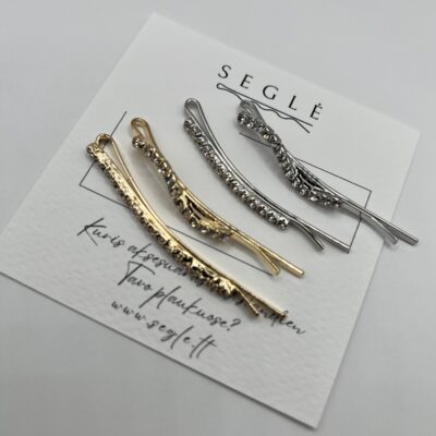 Stilingi metaliniai plaukų segtukai sidabro ir aukso spalvos su blizgančiais akmenukais