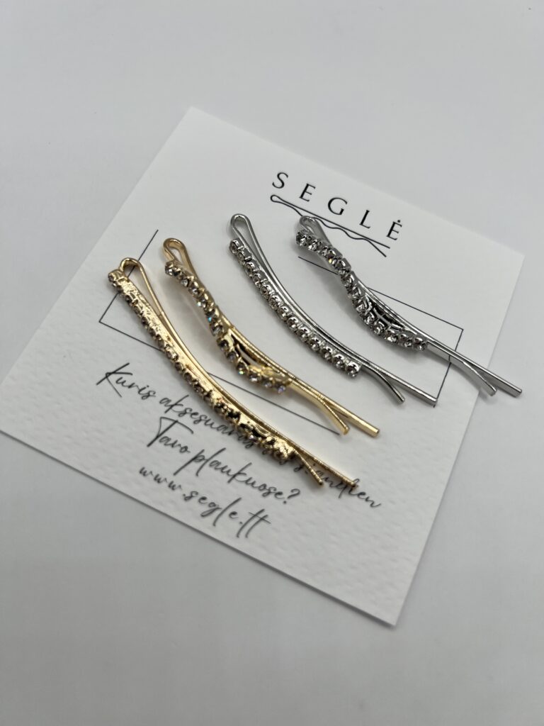 Stilingi metaliniai plaukų segtukai sidabro ir aukso spalvos su blizgančiais akmenukais