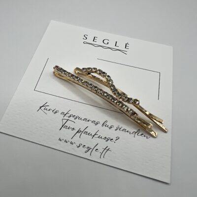 Metaliniai aukso spalvos plaukų segtukai dekoruoti blizgančiais akmenukais