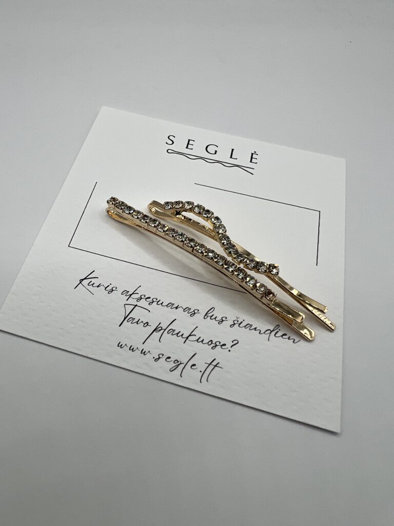 Metaliniai aukso spalvos plaukų segtukai dekoruoti blizgančiais akmenukais