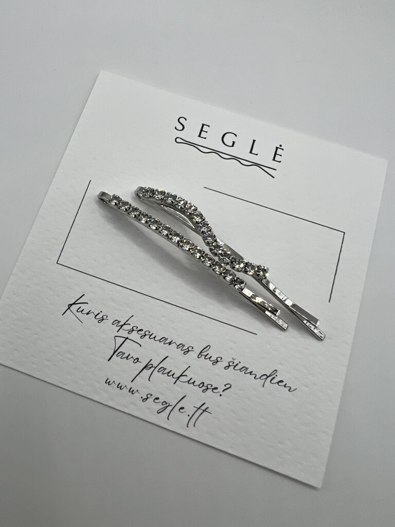 Metaliniai sidabro spalvos plaukų segtukai dekoruoti blizgančiais akmenukais