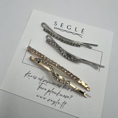 Stilingi metaliniai aukso ir sidabro spalvos plaukų segtukai dekoruoti blizgančiais skaidriais kristaliukais