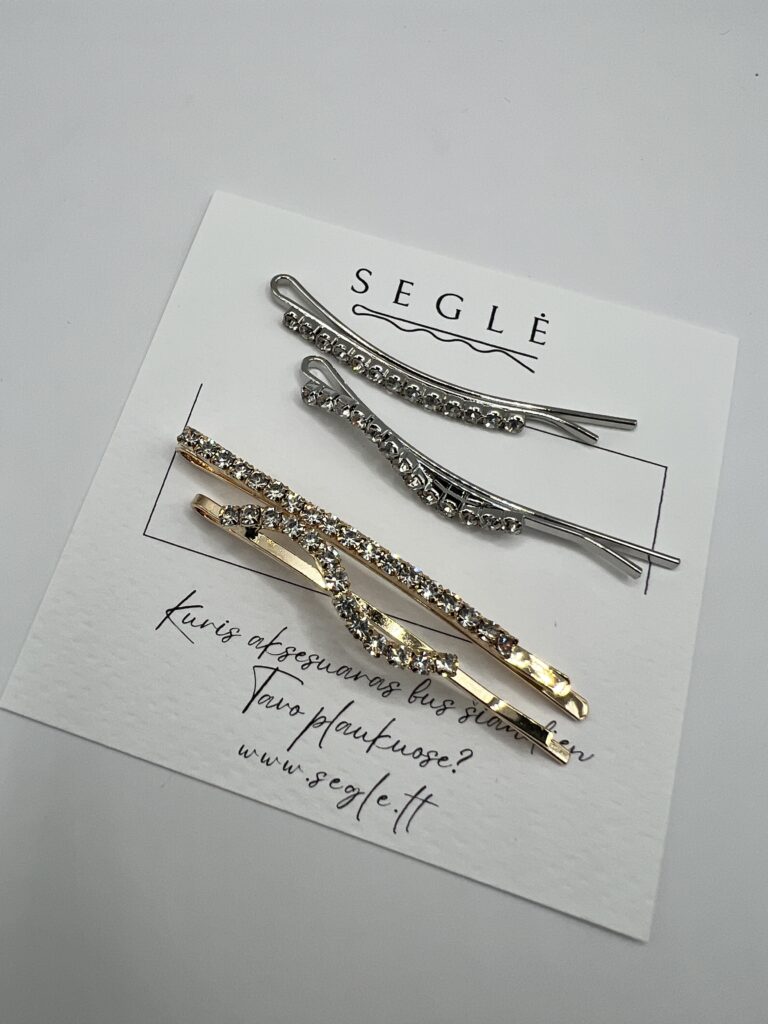 Stilingi metaliniai aukso ir sidabro spalvos plaukų segtukai dekoruoti blizgančiais skaidriais kristaliukais