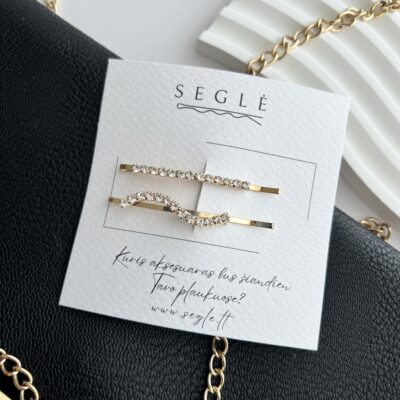 metaliniai aukso spalvos plaukų segtukai dekoruoti blizgančiais kristaliukais