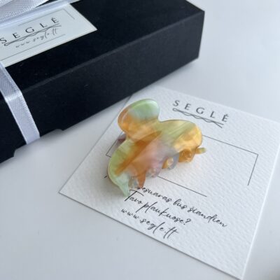 Pastelinių spalvų plaukų segtukas baltame fone šalia juodos dėžutės