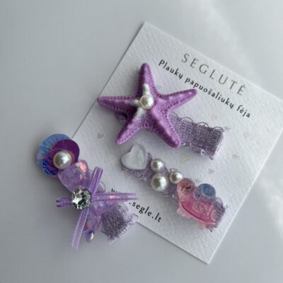 Šviesiai violetinės spalvos plaukų segtukai mergaitėms su jūros žvaigžde, undinėlės uodega ir širdelėmis su vėžliukais