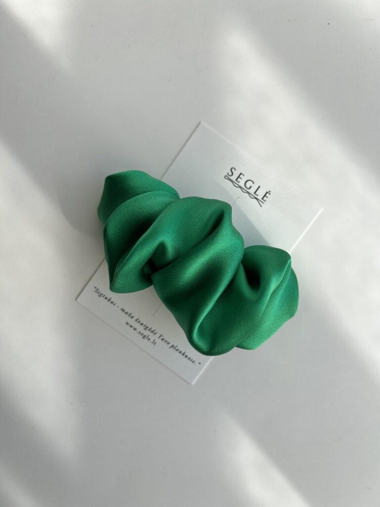 Ryškios žalios spalvos plaukų segtukas baltame fone