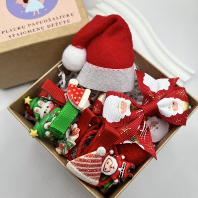 Šventiniai, Kalėdiniai plaukų segtukai ir gumytės mergaitėms rudoje dėžutėje