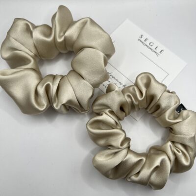 Šampaninės spalvos natūralaus šilko dviejų dydžių šilkinės plaukų gumytės baltame fone