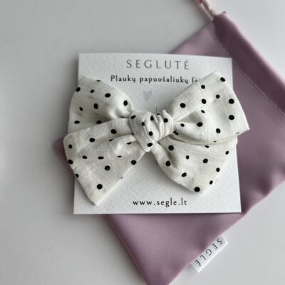 Baltas su juodais taškeliais plaukų segtukas - kaspinėlis mergaitėms