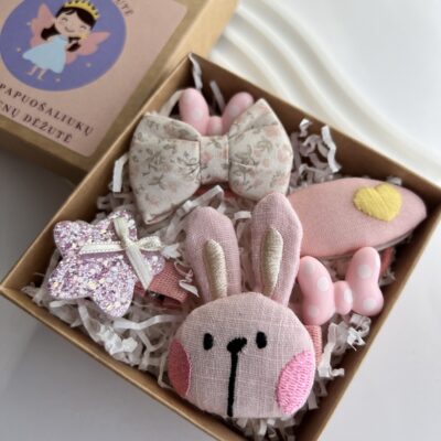 Plaukų aksesuarų rinkinys mergaitėms. Žaismingi plaukų segtukai ir gumytės rudoje dėžutėje