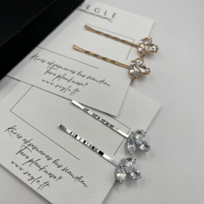 Metaliniai sidabro ir aukso spalvos plaukų segtukai dekoruoti trimis blizgančiais cirkoniais